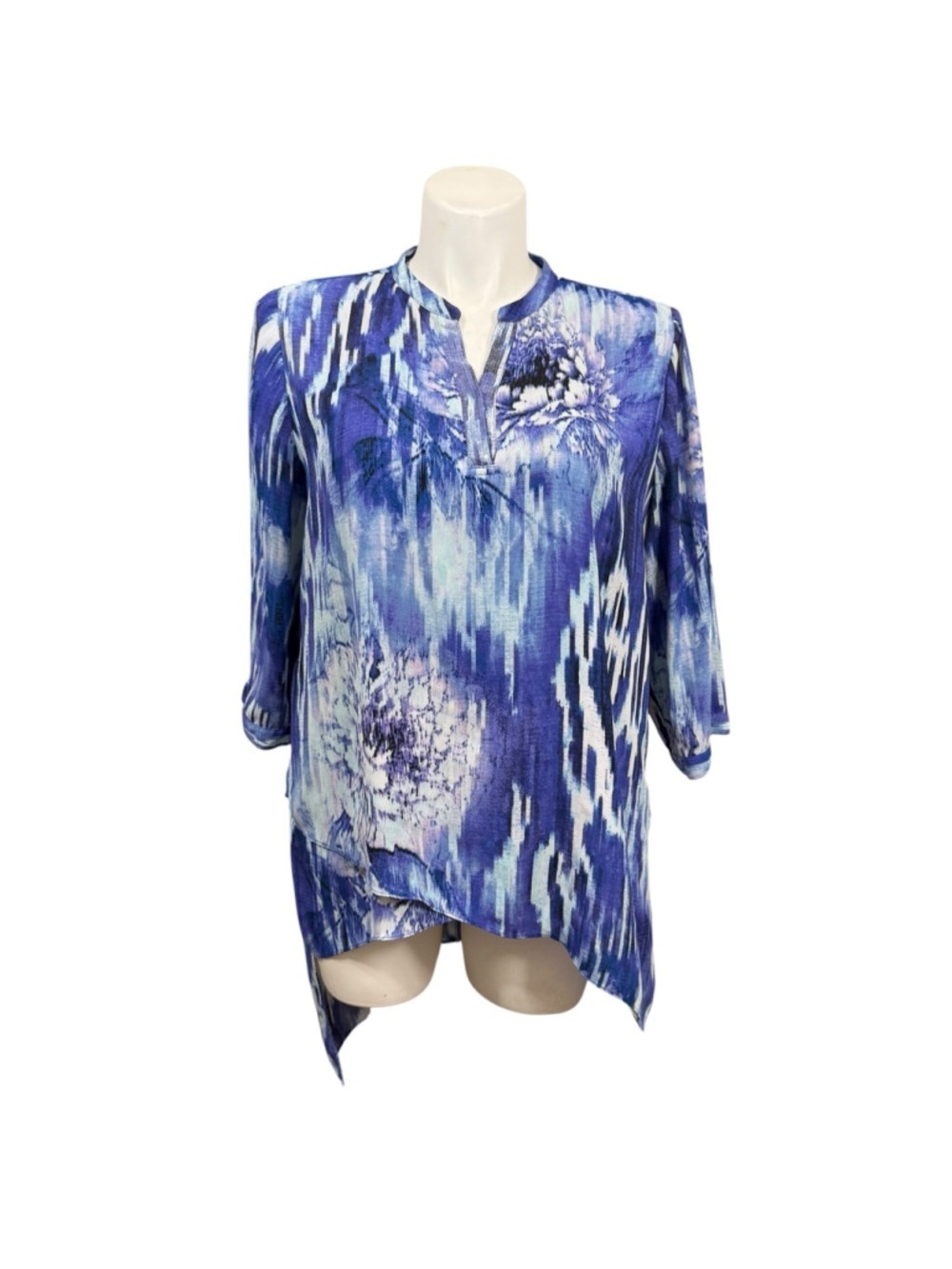 Chico’s Blue Abstract Floral Tunic Top XL High Low Hem 3/4 Sleeve